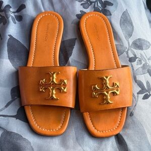 Tory Burch Tan Slides with Gold Emblem